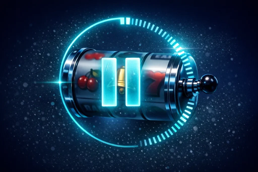 Slot-Walze angehalten mit cyanfarbenem Pause-Symbol und Timer-Ring – Visualisierung der 5-Sekunden-Regel für Online-Automatenspiele in Deutschland.