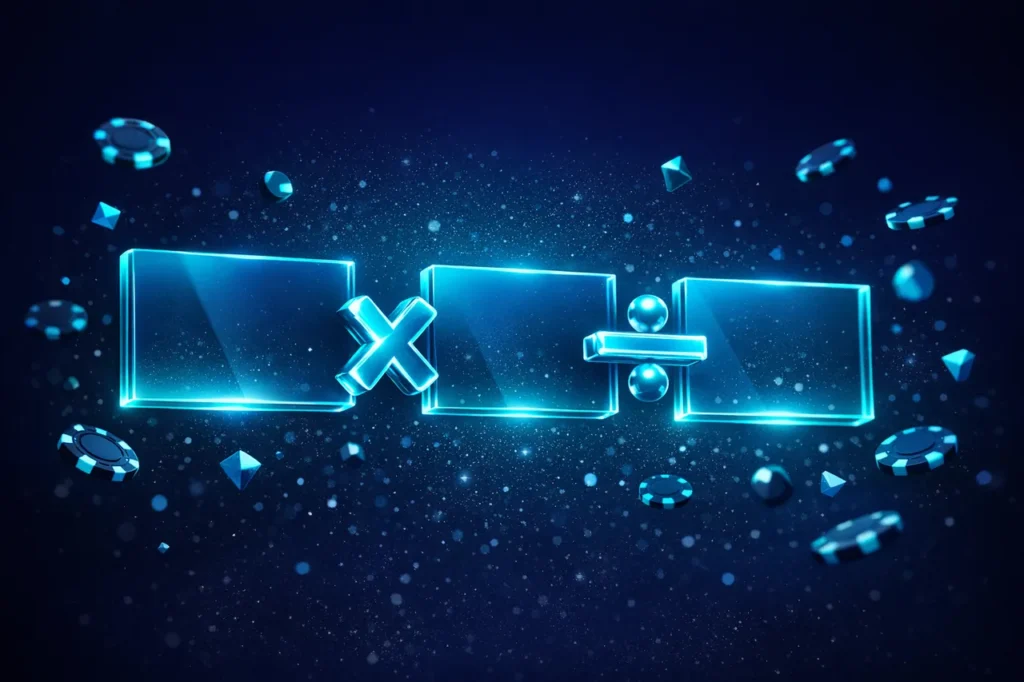 Abstrakte 3D-Visualisierung der Bonus-Umsatzformel mit schwebenden Glaspaneelen und cyanfarbenen Rechen-Operatoren im indigo-cyan Editorial-Stil.