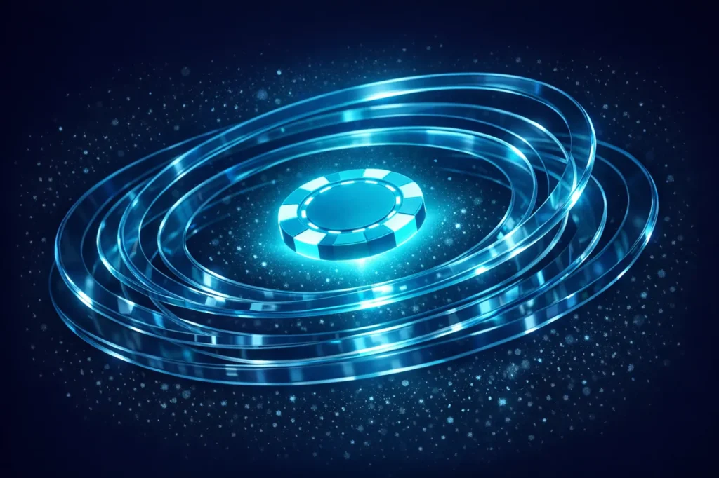 Ein leuchtender Casino-Chip im Zentrum, umgeben von konzentrischen Glasringen als Symbol für die Umsatzmultiplikator-Bedingung beim No-Deposit-Bonus.
